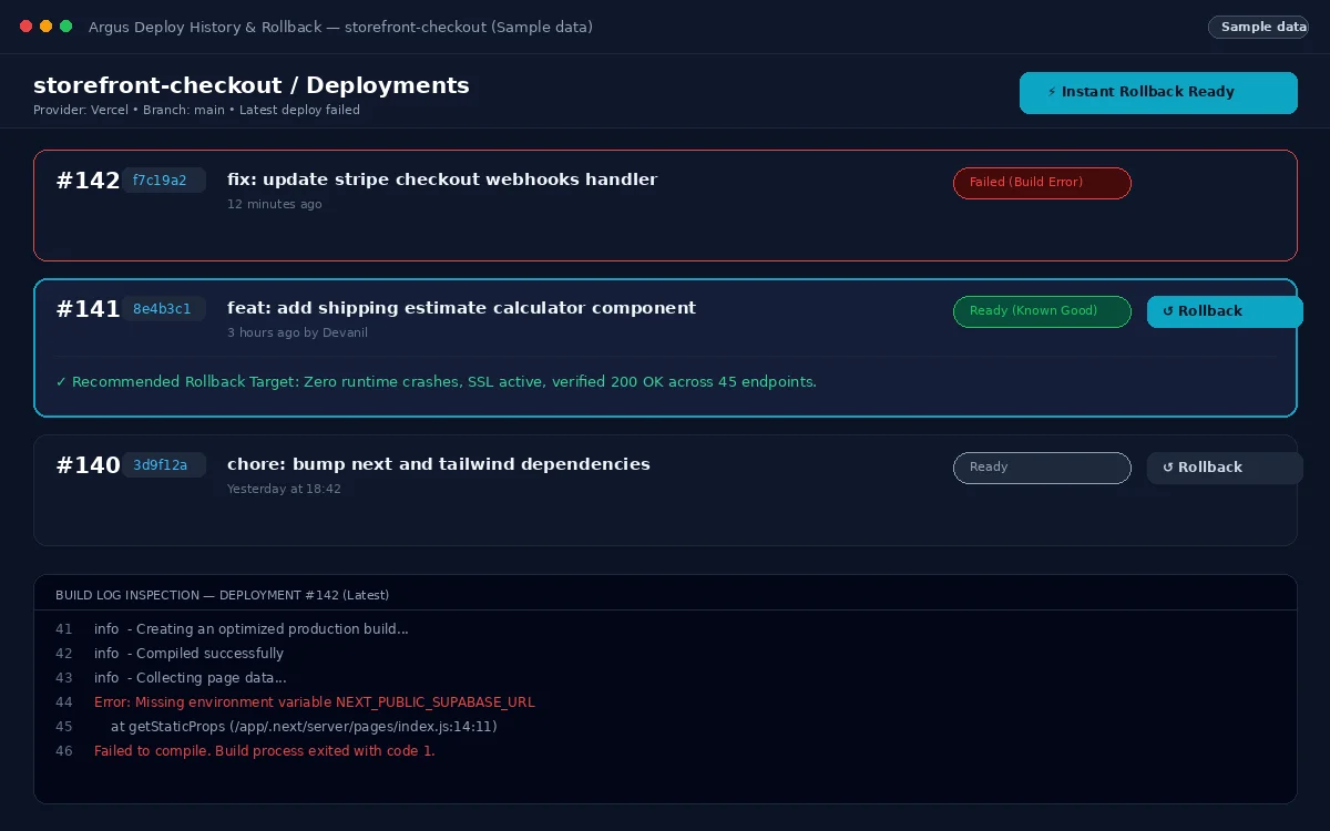Argus deployment history with build logs and Rollback button (Sample data)