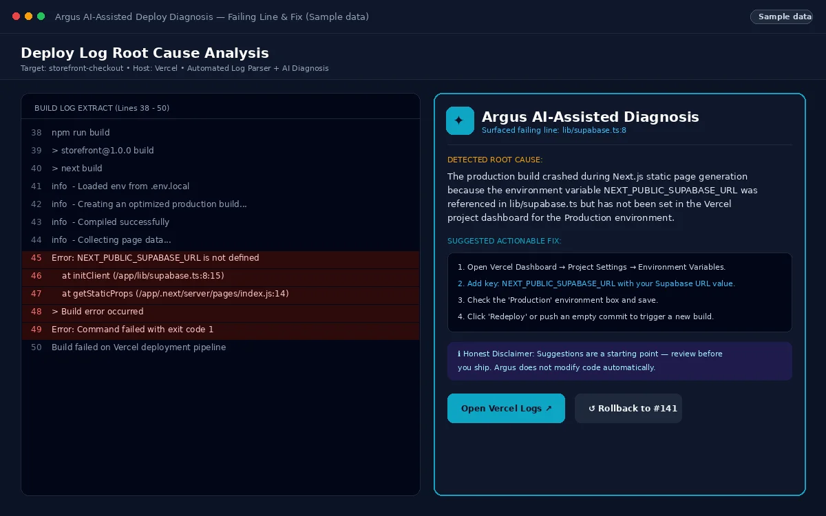 Failed deploy with Argus root cause and AI explanation (Sample data)